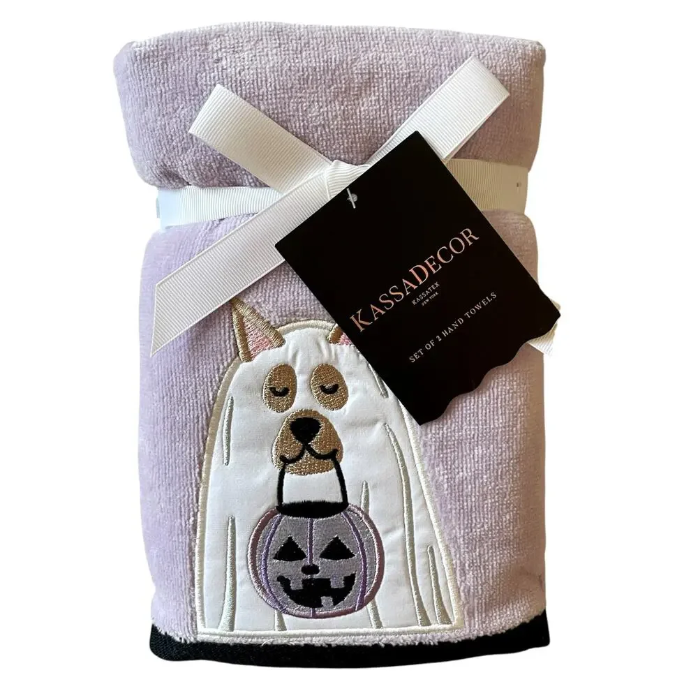 Kassa Decor Halloween Dog Ghost Hand Towels 18x28 Lavender & White Set of 2 NEW